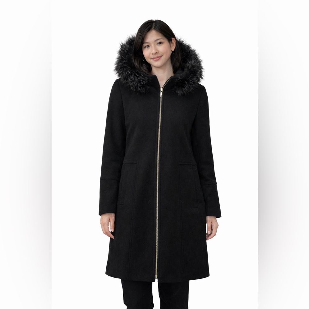 London Fog Black Wool Blend Coat with Faux Fur Hood. Like new! Worn once.